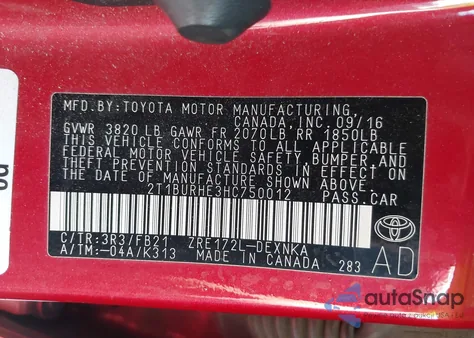 2017 Toyota Corolla Le from USA, damaged, VIN 2T1BURHE3HC750012